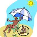 Illustration of protection from the sun and heat, including use of an umbrella, having a cool drink and using sunscreen.