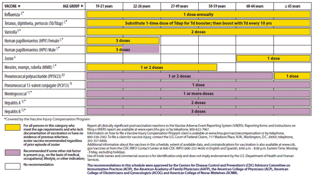 The figure shows recommended adult immunization schedule, by vaccine and age group. For Figure 1, the bar for Tdap/Td for persons aged 65 years and older has been changed to solid yellow because all adults, including those 65 years and older, are now recommended to receive one dose of Tdap vaccine. The bar for MMR vaccine for persons born before 1957 has been removed. MMR vaccine is not recommended routinely for persons born before 1957. Considerations for vaccination in measles or mumps outbreak settings are discussed in the ACIP recommendations for health-care personnel. A new row for PCV13 vaccine has been added.