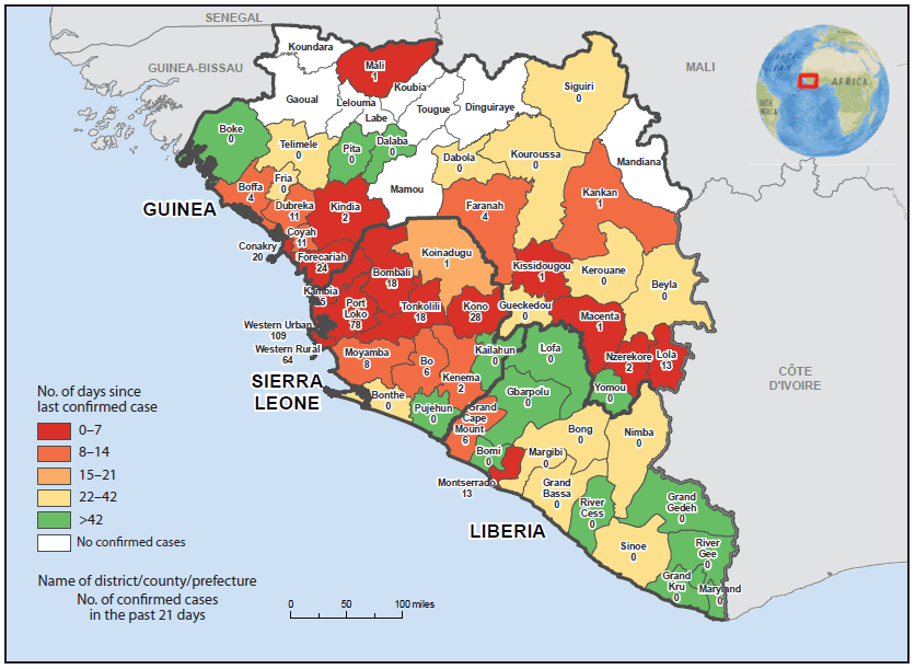 The figure above is a map showing the number of days since the last confirmed case of Ebola virus disease and the number of confirmed cases in the past 21 days, by district/county/prefecture, in Guinea, Liberia, and Sierra Leone during January 5-25, 2015.