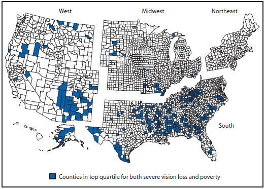 The figure above is a map of the United States showing counties in the top quartile for both severe vision loss and family income below poverty level in the United States during 2009-2013.
3. CDC. Healthy Vision Month-May 2012. MMWR Morb Mortal Wkly Rep 2012;61:328.
http://www.cdc.gov/mmwr/preview/mmwrhtml/mm6118a4.htm