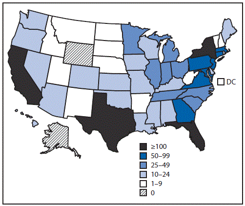 The figure above is a map of the United States showing the number of confirmed and probable Zika virus disease cases reported from states and the District of Columbia during January 1âJuly 31, 2016.