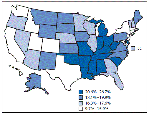 The figure above is a map of the United States showing state-specific prevalence of cigarette smoking among adults aged â¥18 years during 2014.