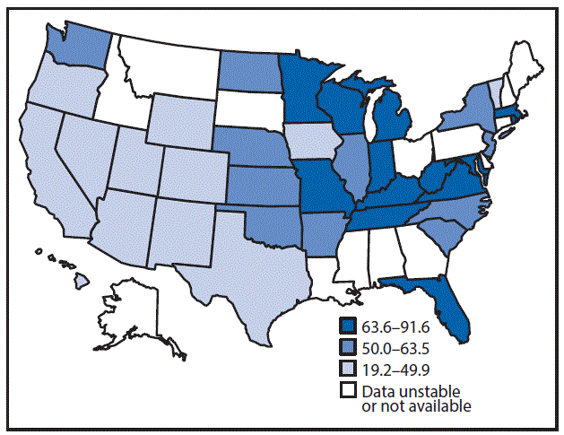 The figure above is a map showing the age-adjusted hospitalization rate (per 100,000 population) for any-listed diagnosis of Crohnâs disease in the United States in 2013.