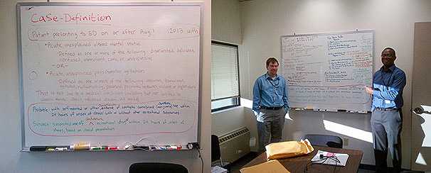 Ethan Fechter-Leggett, DVM (EIS 13) and Olaniyi Olayinka, MBBS (EIS 13) during an investigation of an outbreak of severe-illnesses associated with the reported use of synthetic cannabinoids - Colorado.
