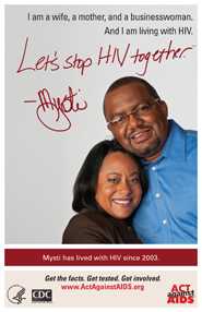 Let’s Stop HIV Together. Mysti. Photo of Mysti with her husband, with their arms around each other and smiling. Let’s Stop HIV Together. Mysti. Photo of Mysti with her husband, with their arms around each other and smiling.