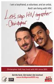 Let’s Stop HIV Together. Christopher. Photo of Christopher and his boyfriend, with Christopher’s boyfriend’s arms around him. Both are smiling. Let’s Stop HIV Together. Christopher. Photo of Christopher and his boyfriend, with Christopher’s boyfriend’s arms around him. Both are smiling.