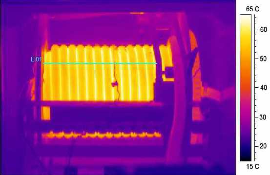 Thermal image of a static 56 Amp test with 2 layers of #6 AWG round cable wound on the reel Thermal image of a static 56 Amp test with 2 layers of #6 AWG round cable wound on the reel