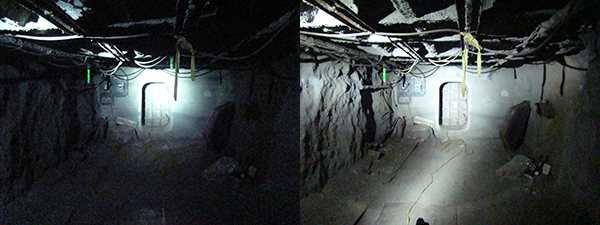 Lighting provided by a traditional LED cap lamp (left) and the NIOSH LED prototype cap lamp (right). Lighting provided by a traditional LED cap lamp (left) and the NIOSH LED prototype cap lamp (right).