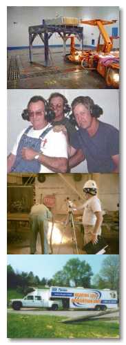Four photographs of hearing loss research showing: A roof bolting machine being tested for sound power in the NIOSH Acoustic Test Facility; three workers wearing special headphones in the NIOSH mobile laboratory to test earplug protection levels; a NIOSH researcher measuring sound levels while a worker performs air-carbon-arc cutting; and an external view of the NIOSH Hearing Loss Prevention Unit mobile laboratory. Four photographs of hearing loss research showing: A roof bolting machine being tested for sound power in the NIOSH Acoustic Test Facility; three workers wearing special headphones in the NIOSH mobile laboratory to test earplug protection levels; a NIOSH researcher measuring sound levels while a worker performs air-carbon-arc cutting; and an external view of the NIOSH Hearing Loss Prevention Unit mobile laboratory.