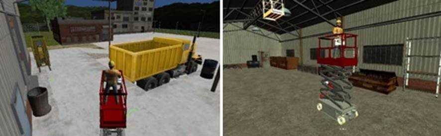 The images above are from NIOSH’s Aerial Lift Hazard Recognition Simulator and show different work environment