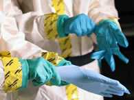 Workers putting on gloves