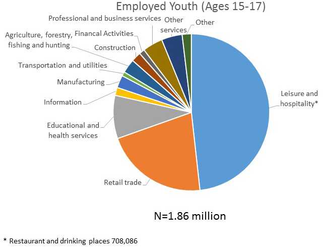 This pie chart shows the distribution of employed youth ages 15-17 years by industry sector in 2015. The industry sector with the largest numbers of employed youth was the leisure and hospitality sector, accounting for 48% of all youth employment, mostly in restaurants and other food services. This was followed by the retail trade sector with 21% of youth employment, then the educational and health services sector with 9% of youth employment.