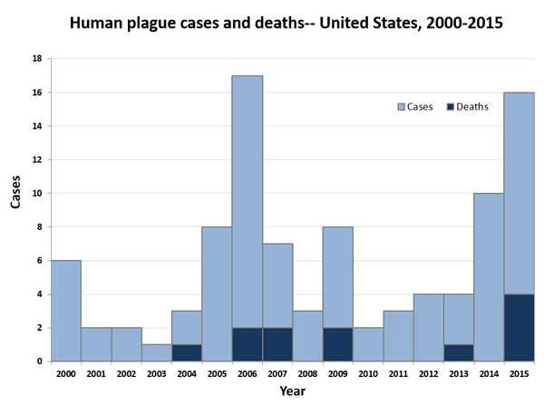 Graph showing human plague cases and deaths in the United States, 2000 to 2015. There were 6 cases in 2000, 2 in 2001, 2 in 2002, 1 in 2003, 3 in 2004 with 1 death, 17 in 2006 with 2 deaths, 7 in 2007 with 2 deaths, 3 in 2008, 8 in 2009 with 2 deaths, 2 in 2010, 3 in 2011, 4 in 2012, 4 in 2013 with 1 death, and 10 in 2014.