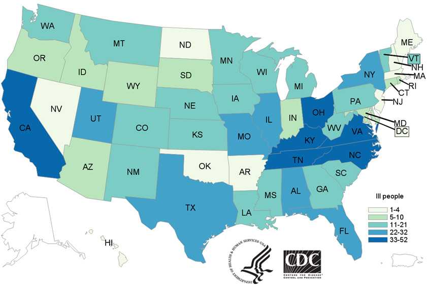 People infected with the outbreak strains of Salmonella, by state of residence, as of July 7, 2017 (n=790)