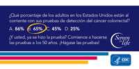 ¿Qué porcentaje de los adultos en los Estados Unidos están al corriente con sus pruebas de detección? 65 porciento. ¿Y usted, ya se hizo la prueba? Comience a hacerse la prueba a los 50 años. ¡Hágase las pruebas!