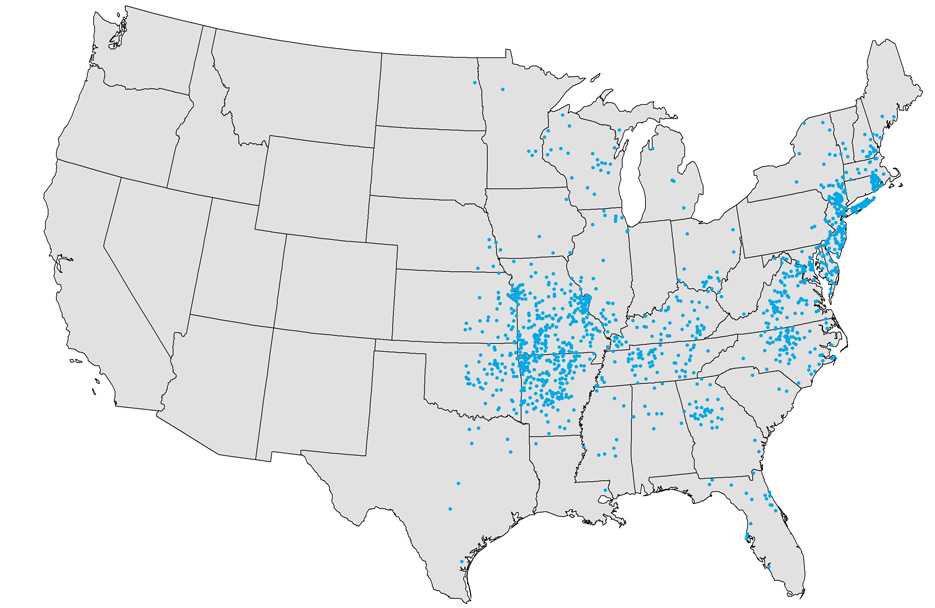 Map of the United Sates showing the cases of Ehrlichiosis. The cases are concentrated in the eastern half of the U.S.