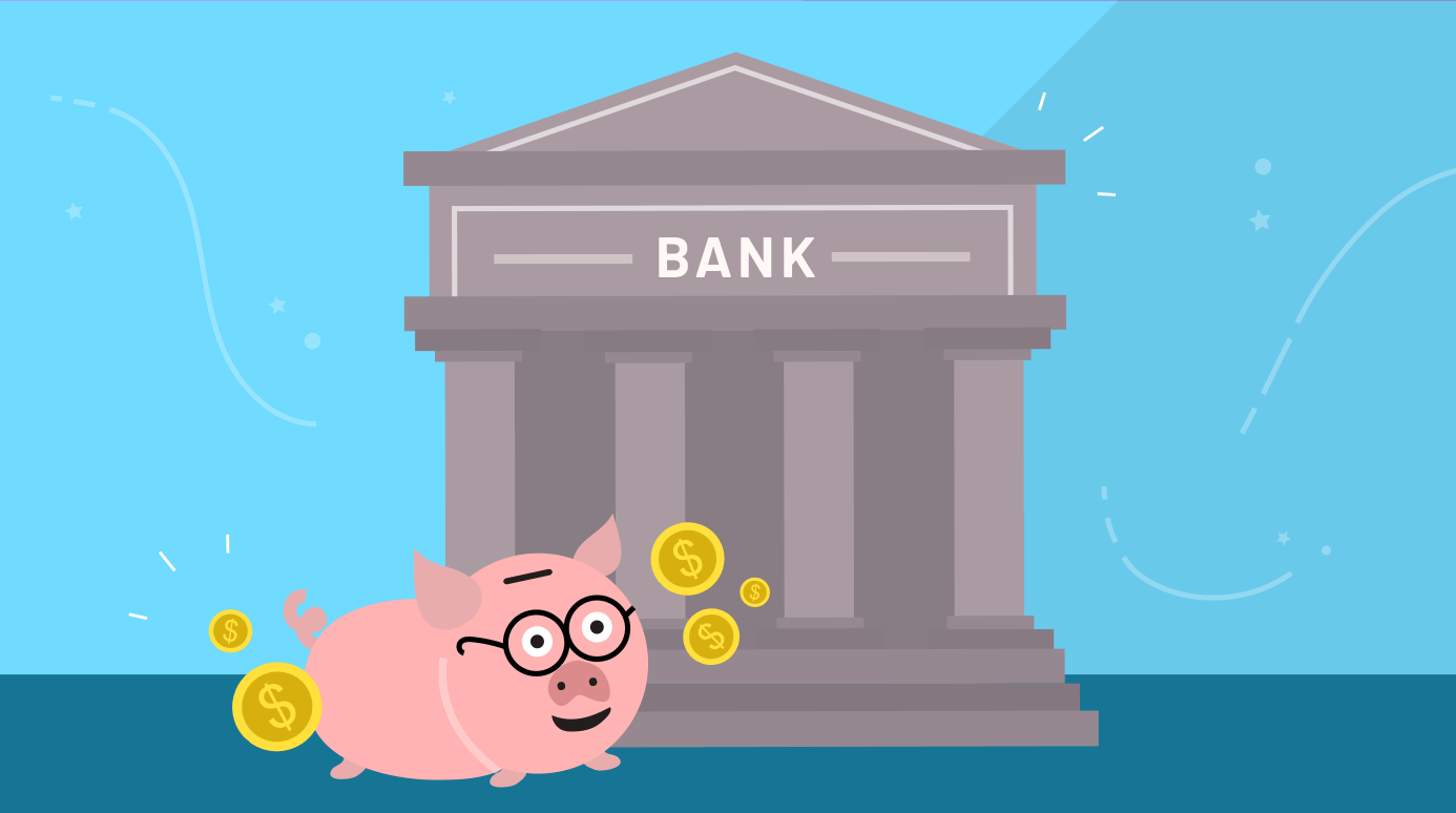 illustration of a piggy bank outside of a bank building illustration of a piggy bank outside of a bank building