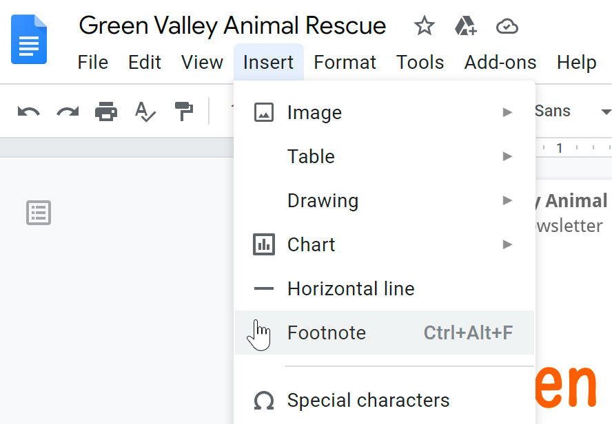 selecting footnote from the insert drop-down menu selecting footnote from the insert drop-down menu