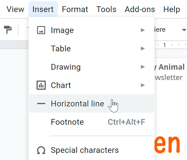 selecting horizontal line from the insert drop-down menu selecting horizontal line from the insert drop-down menu
