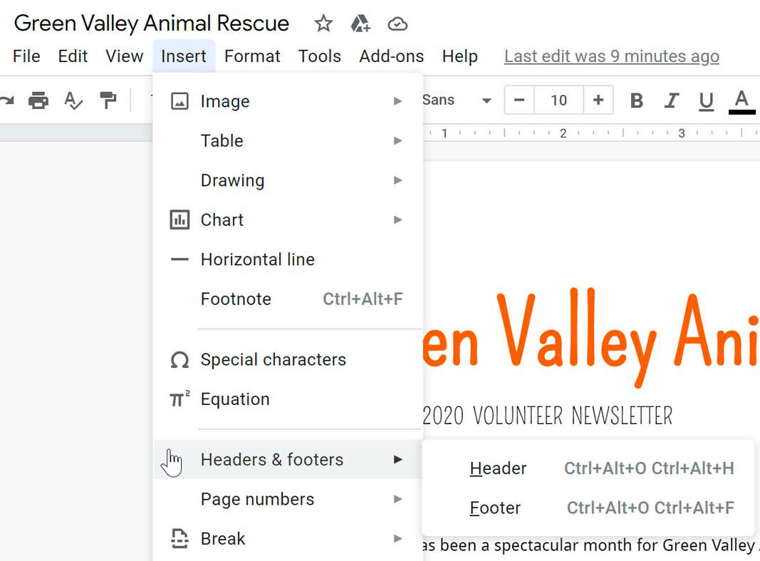 choosing header from the insert menu choosing header from the insert menu