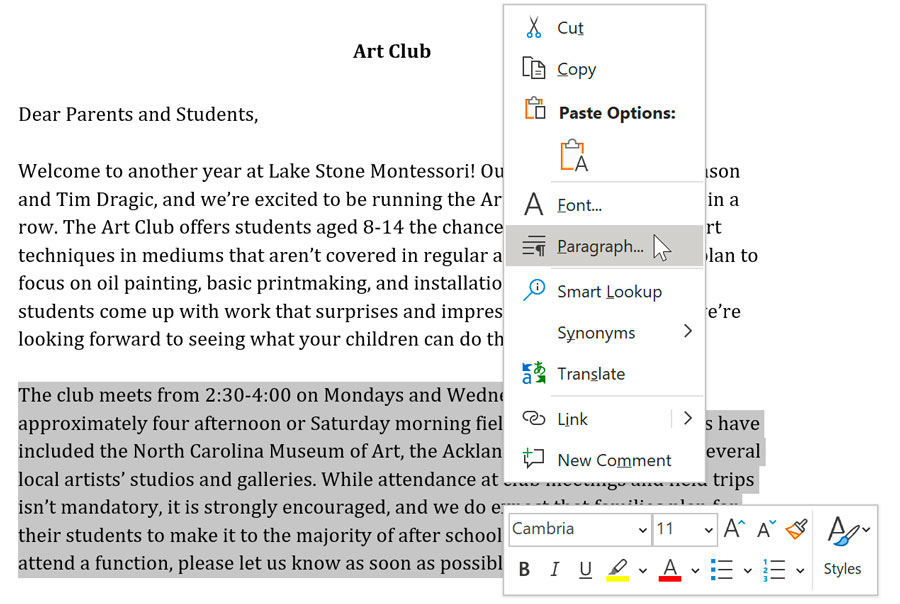 right-clicking in Microsoft Word to show formatting options right-clicking in Microsoft Word to show formatting options