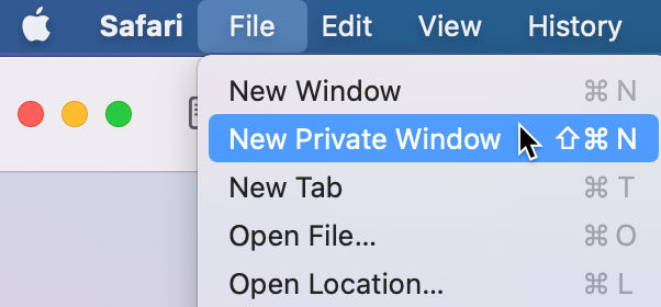 selecting New Private Window using Safari selecting New Private Window using Safari