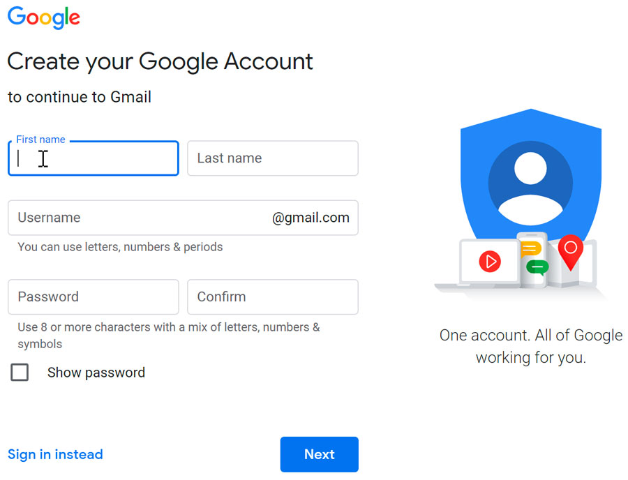 creating a Google Account form creating a Google Account form
