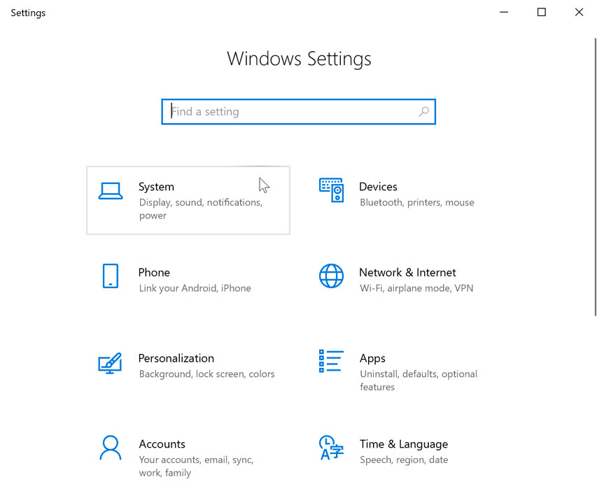 opening the System settings opening the System settings