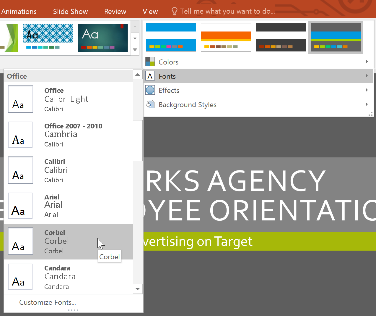 selecting new theme fonts selecting new theme fonts