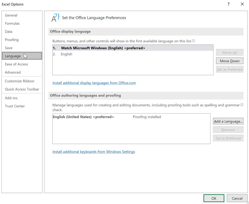 Excel options then Language preferences Excel options then Language preferences