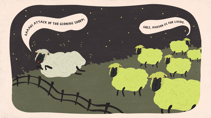 A sheep runs away from a herd of glow-in-the-dark sheep. A sheep runs away from a herd of glow-in-the-dark sheep.