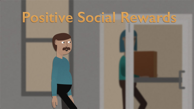 illustration of the text "Positive Social Rewards" with a man about to open the door for someone with their arms full illustration of the text "Positive Social Rewards" with a man about to open the door for someone with their arms full