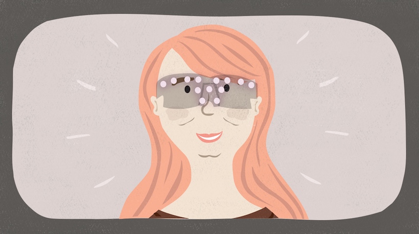 A woman wears facial recognition-proof glasses. A woman wears facial recognition-proof glasses.
