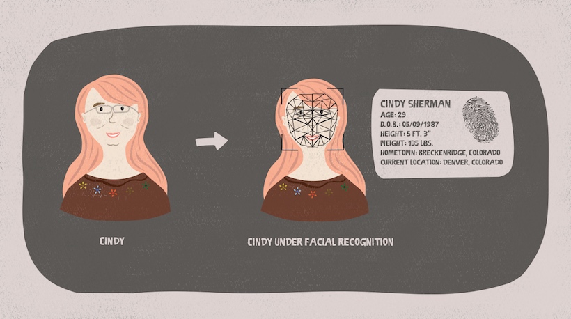 A facial recognition program scans a woman's face and displays her biographical details. A facial recognition program scans a woman's face and displays her biographical details.