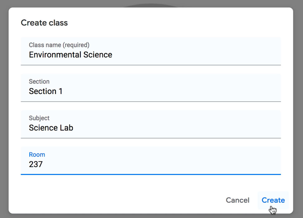 Typing a Section, Subject, and Room name, then clicking Create Typing a Section, Subject, and Room name, then clicking Create