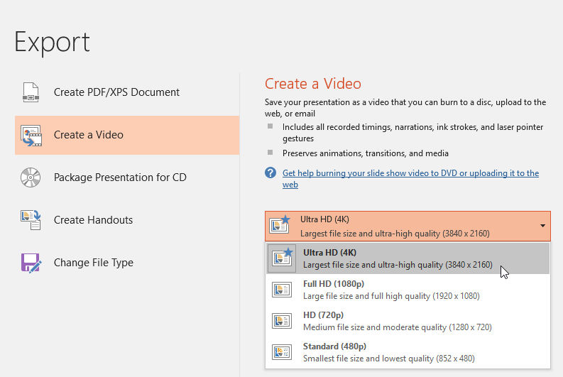 screenshot of exporting a presentation as a 4K video screenshot of exporting a presentation as a 4K video