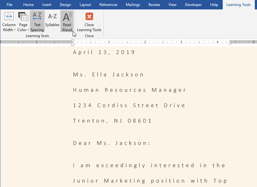 screenshot of Word 2019's Learning Tools function in use screenshot of Word 2019's Learning Tools function in use