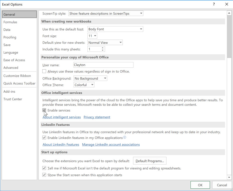 A cursor clicking on a checkbox that enables Office Intelligent Services. A cursor clicking on a checkbox that enables Office Intelligent Services.