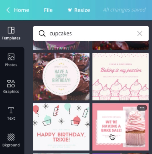 screenshot of "cupcakes" template search screenshot of "cupcakes" template search
