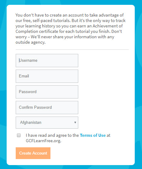 Create GCF account page Create GCF account page